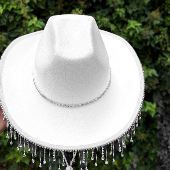 White Diamond Fringe Cowboy/Cowgirl Hat,Rhinestone Fringe Double rhinestone band - Picture 3 of 7